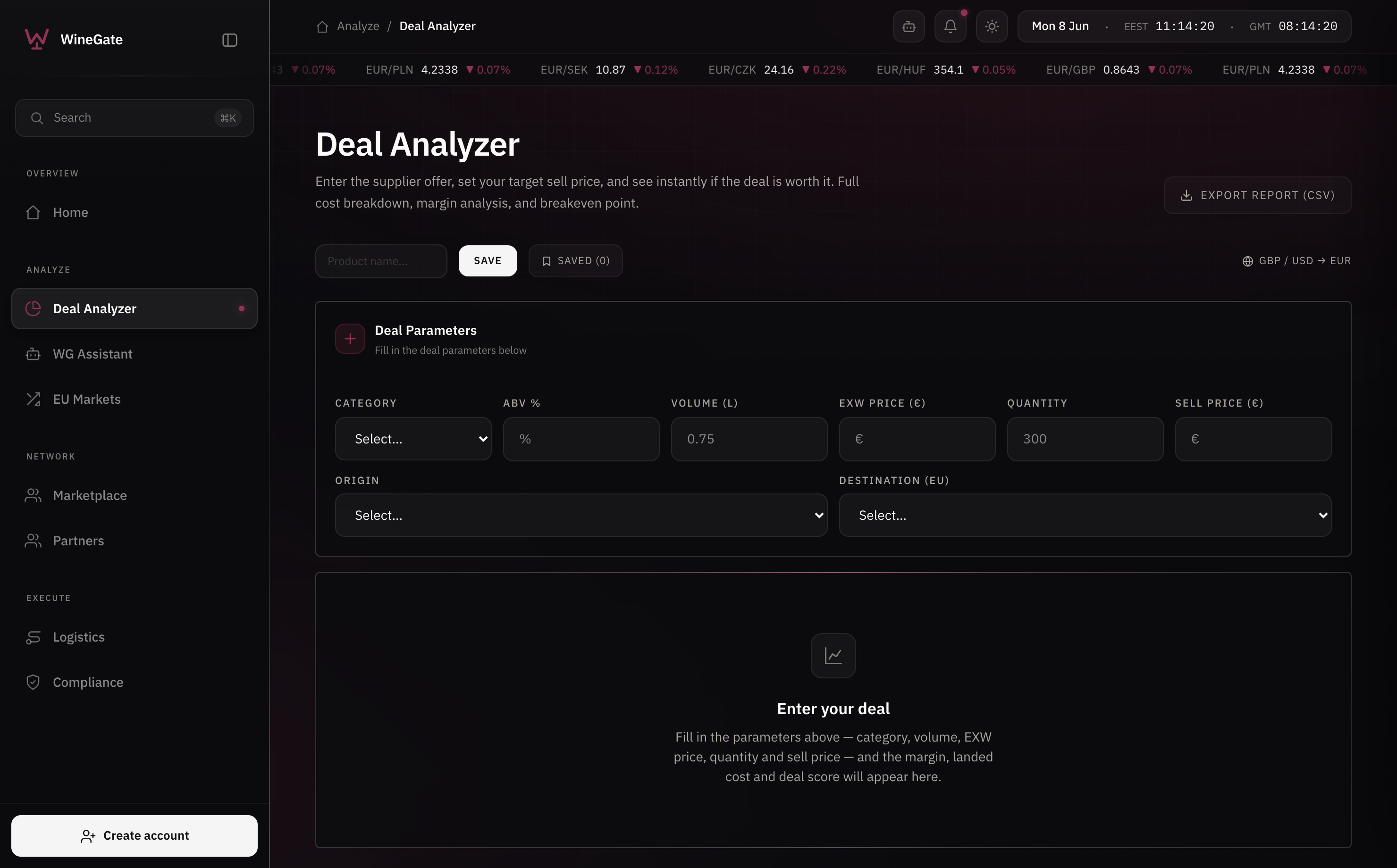 WineGate Deal Analyzer: a single form that computes landed cost, margin and breakeven for a wine import deal