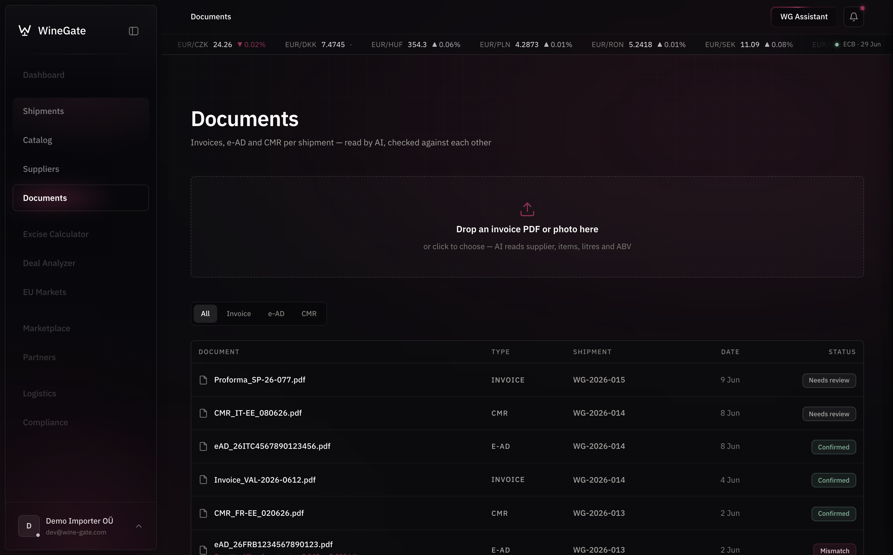 WineGate Documents — drop an invoice, e-AD or CMR; read by AI and cross-checked per shipment