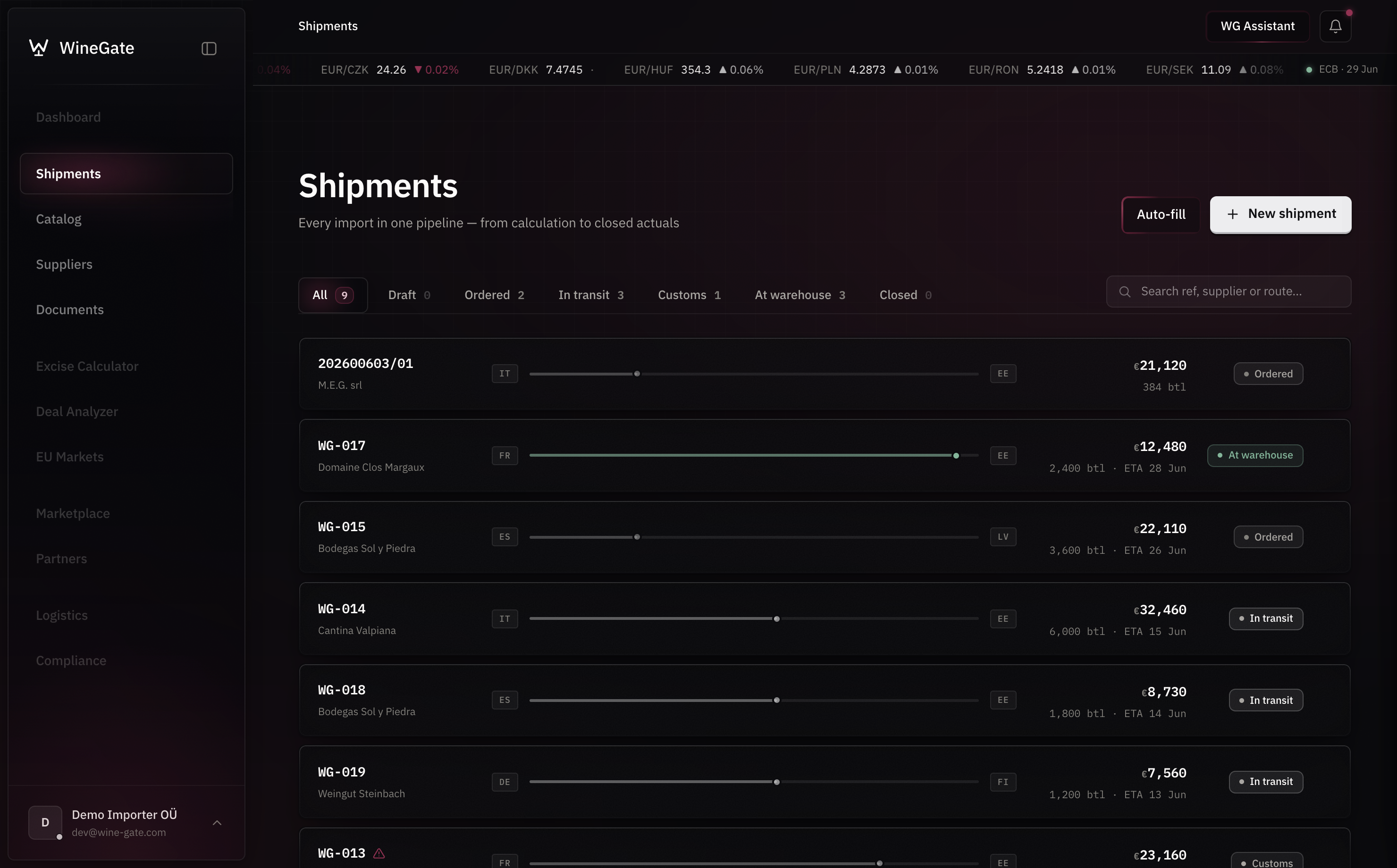 WineGate Cabinet — every import as a living shipment in one pipeline, from ordered to closed actuals